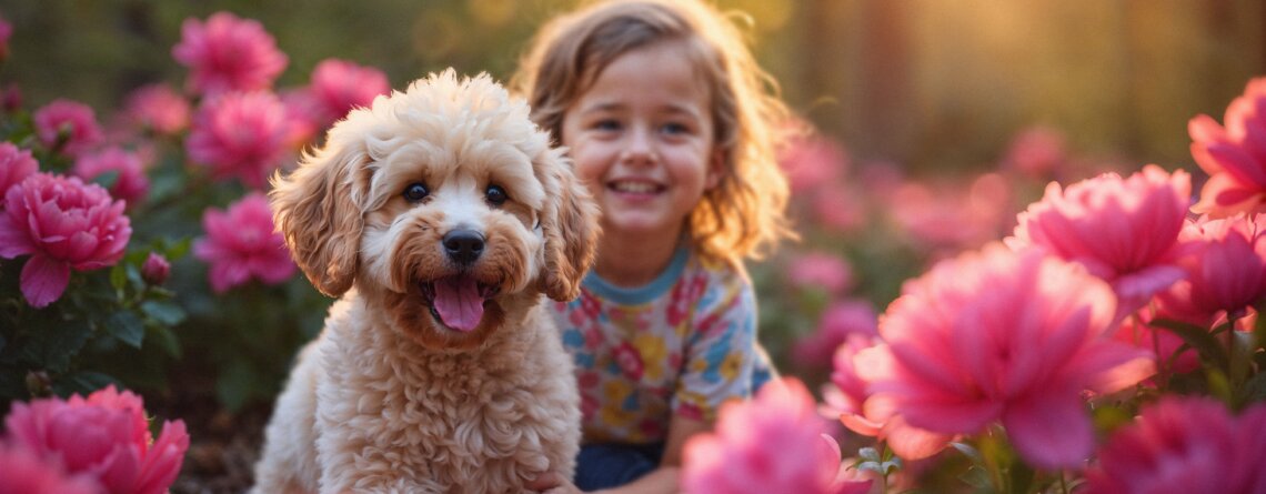Chien heureux courant dans un champ fleuri au printemps sous un ciel ensoleillé.