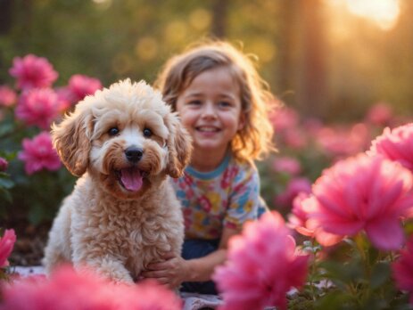 Chien heureux courant dans un champ fleuri au printemps sous un ciel ensoleillé.