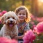 Chien heureux courant dans un champ fleuri au printemps sous un ciel ensoleillé.