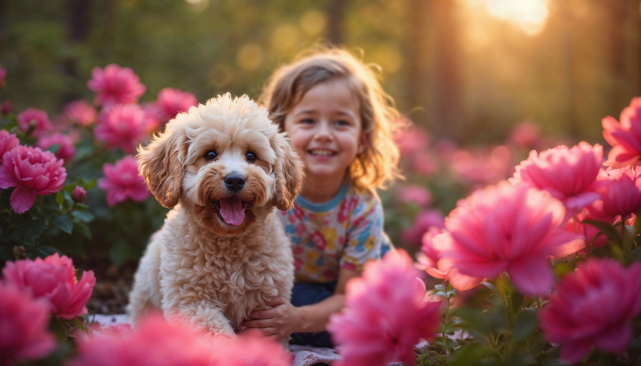 Chien heureux courant dans un champ fleuri au printemps sous un ciel ensoleillé.